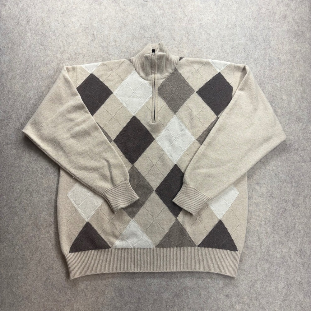 Vintage Mac Alan Scottish 100% Cashmere Argyle 1/4 Zip Sweater Men's Large Beige